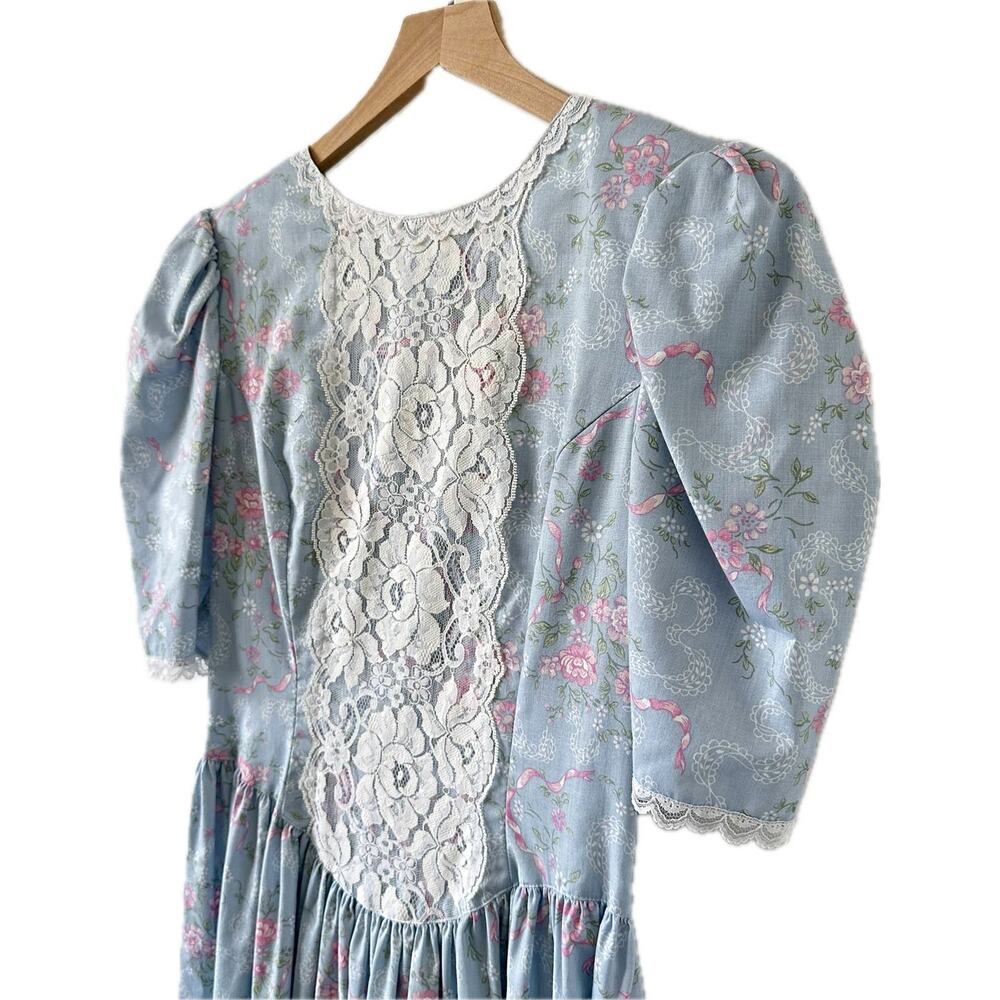 Vintage 80s Gunne Sax by Jessica McClintock Floral Lace Bow Midi Dress Size 9/10 - Picture 2 of 11